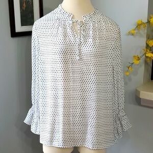 HOBBS, black and white polkadot size 14 blouse. Long sleeves with ruffle…